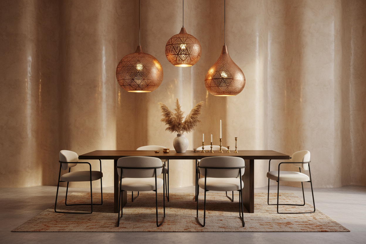 tadellakt Marocain dans une salle à manger moderne avec luminaires en cuivre Marocain